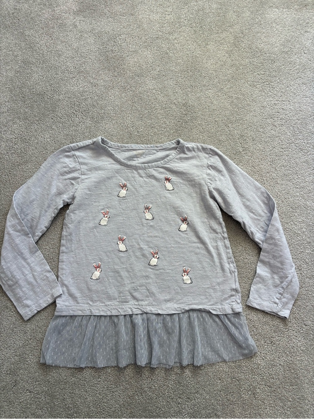 Toughskins Light Gray Long Sleeve Tee with Bunny Embroidery and Ruffle Hem